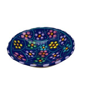 Hand Painted Tripod Bowl Mexican Folk Art Blue Terracotta Pottery 5.5"